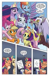 Size: 1079x1653 | Tagged: safe, derpibooru import, idw, applejack, discord, fluttershy, hitch trailblazer, pinkie pie, rainbow dash, rarity, sunny starscout, twilight sparkle, twilight sparkle (alicorn), alicorn, my little pony: a new generation, spoiler:comic, spoiler:g5comic, spoiler:g5comic02, g5, image, mane six, older, older applejack, older fluttershy, older pinkie pie, older rainbow dash, older rarity, older twilight, png