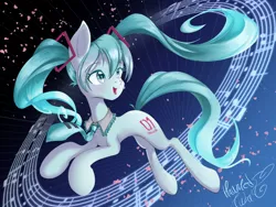 Size: 1024x768 | Tagged: safe, artist:hauntedtuba, derpibooru import, ponified, earth pony, pony, anime, female, hatsune miku, image, jpeg, mare, music notes, solo, vocaloid