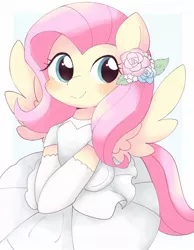 Size: 1334x1723 | Tagged: safe, artist:ginmaruxx, artist:kuzuyukuro, derpibooru import, fluttershy, pegasus, pony, blushing, clothes, dress, female, flower, flower in hair, hairpin, image, jpeg, looking at you, mare, simple background, smiling, smiling at you, solo, spread wings, wedding dress, white background, wings