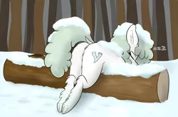 Size: 2874x1891 | Tagged: safe, artist:seafooddinner, derpibooru import, oc, oc:lichen, unofficial characters only, pony, taiga pony, butt, covered in snow, dock, ear fluff, eyes closed, female, fluffy, image, log, mare, onomatopoeia, plot, png, raised tail, sleeping, snow, solo, sound effects, tail, underhoof, zzz
