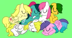 Size: 873x468 | Tagged: safe, artist:jigglewiggleinthepigglywiggle, derpibooru import, fizzy, lofty, magic star, surprise, truly, whizzer, earth pony, pegasus, pony, twinkle eyed pony, unicorn, adorablestar, adoraprise, cute, eyes closed, female, fizzybetes, g1, g1 to g4, g4, generation leap, green background, green hair, green mane, green tail, group, group shot, image, loftybetes, lying down, mare, multicolored hair, multicolored mane, multicolored tail, pink hair, pink mane, pink tail, png, ponytail, prone, simple background, sleeping, sleeping surprise, smiling, snuggling, tail, trulybetes, whizzabetes, yellow hair, yellow mane, yellow tail