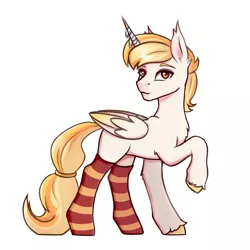 Size: 1920x1920 | Tagged: safe, artist:tanatos, derpibooru import, oc, unofficial characters only, alicorn, alicorn oc, blonde mane, clothes, horn, image, jpeg, pony oc, simple background, socks, solo, stockings, striped socks, thigh highs, white background, wings