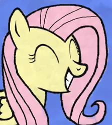 Size: 690x775 | Tagged: safe, artist:nicogamer3000, derpibooru import, fluttershy, pegasus, pony, ^^, blue background, bust, derpibooru exclusive, eyes closed, female, grin, image, mare, png, simple background, smiling, solo