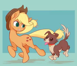 Size: 1973x1690 | Tagged: safe, artist:noupu, derpibooru import, applejack, winona, dog, earth pony, pony, applejack's hat, blue background, cowboy hat, female, hat, hooves, image, jpeg, looking at each other, looking at someone, mare, running, simple background, tongue out