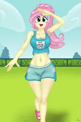 Size: 1280x1916 | Tagged: safe, artist:lennondash, derpibooru import, fluttershy, equestria girls, adorasexy, alternate hairstyle, armpits, belly button, blushing, breasts, busty fluttershy, canterlot high, cleavage, clothes, cute, cutie mark, cutie mark on clothes, eyeshadow, fence, field, hairpin, image, makeup, march radness, midriff, png, ponytail, sexy, shoes, shorts, shyabetes, sneakers, solo, sports bra, sports outfit, sports shorts