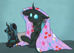 Size: 4040x2928 | Tagged: safe, artist:rokosmith26, derpibooru import, queen chrysalis, oc, oc:tarsi, changeling, blanket, changeling horn, changeling oc, commission, cutie mark, floppy ears, horn, image, looking up, male, plushie, png, sitting, smiling, solo, ych result