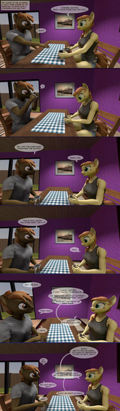 Size: 1440x4898 | Tagged: safe, artist:spud, derpibooru import, button mash, oc, oc:cream heart, anthro, comic:family bonds, 3d, bed, breasts, chair, clothes, comic, dialogue, drinking, image, jpeg, mug, nipples, nudity, paper, phone, source filmmaker, table