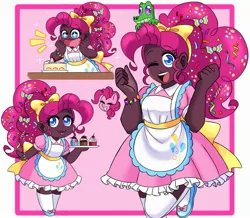 Size: 2803x2448 | Tagged: safe, artist:mscreepyplaguedoctor, derpibooru import, gummy, pinkie pie, alligator, human, :p, alternate hairstyle, apron, barely pony related, blackwashing, bracelet, cake, clothes, cupcake, dark skin, diapinkes, dress, female, flats, food, humanized, image, jewelry, jpeg, male, one eye closed, open mouth, shoes, skirt, solo, tongue out, tray, wink