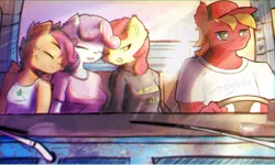 Size: 2000x1196 | Tagged: safe, artist:mistleinn, derpibooru import, apple bloom, big macintosh, scootaloo, sweetie belle, anthro, pegasus, pony, unicorn, adorabloom, brother and sister, car interior, clothes, cute, cutealoo, cutie mark crusaders, diasweetes, driving, eyes closed, female, image, jpeg, male, older, older apple bloom, older cmc, older scootaloo, older sweetie belle, one eye closed, siblings, sleeping, tanktop, truck