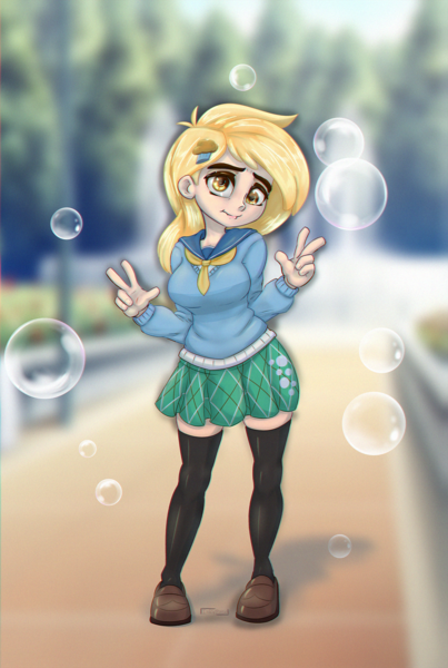 Size: 1200x1787 | Tagged: safe, alternate version, artist:inkypuso, derpibooru import, derpy hooves, human, blushing, bubble, clothes, cute, derpabetes, female, flats, humanized, image, peace sign, png, shirt, shoes, skirt, socks, solo, stockings, thigh highs