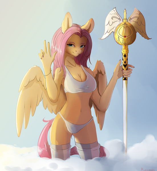 Size: 2862x3117 | Tagged: suggestive, artist:miokomata, derpibooru import, fluttershy, anthro, pegasus, belly button, bra, bracelet, breasts, busty fluttershy, cleavage, clothes, female, freckles, freckleshy, image, jewelry, looking at you, panties, png, socks, solo, solo female, staff, stockings, thigh highs, underwear