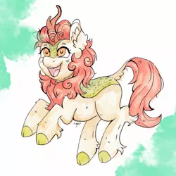 Size: 3611x3610 | Tagged: safe, artist:lightisanasshole, derpibooru import, autumn blaze, kirin, unicorn, abstract background, cheek fluff, colored hooves, ear fluff, female, happy, image, jumping, png, raised hoof, solo, solo female, traditional art, watercolor painting