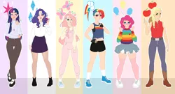 Size: 9280x5000 | Tagged: safe, artist:ohhoneybee, edit, editor:edits of hate, applejack, fluttershy, pinkie pie, rainbow dash, rarity, twilight sparkle, human, abs, absurd resolution, alternate hairstyle, applejack's hat, blushing, boots, braid, breasts, clothes, cowboy boots, cowboy hat, cutie mark, elf ears, eyeshadow, female, fingerless gloves, gloves, hat, heart, height difference, high heel boots, humanized, image, jeans, light skin, line-up, makeup, mane six, multicolored hair, nail polish, overalls, painted nails, pants, peace sign, piercing, png, rainbow hair, red lipstick, scar, shoes, shorts, skirt, smiling, sneakers, socks, sports shorts, standing, stockings, sweater, tanktop, thigh highs, turtleneck