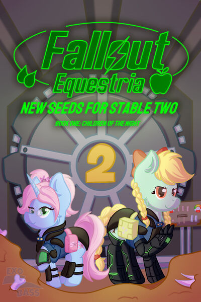 Size: 1024x1536 | Tagged: safe, artist:exobass, derpibooru import, oc, oc:appletree, oc:stardust, earth pony, unicorn, fallout equestria, amputee, bag, bone, bookcover, bow, braid, braided tail, clothes, controller, earth pony oc, horn, image, jpeg, jumpsuit, overalls, pigtails, prosthetic leg, prosthetic limb, prosthetics, stable, tail, unicorn oc, vault suit