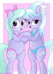 Size: 2884x4032 | Tagged: suggestive, artist:rainbowšpekgs, derpibooru import, cloudchaser, flitter, pegasus, pony, adorasexy, bedroom eyes, belly, belly button, bipedal, blushing, chubby, clothes, cute, duo, duo female, embarrassed, female, image, mare, png, sexy, simple background, standing, swimsuit
