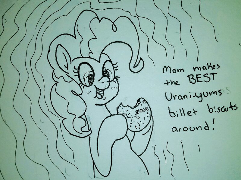 Size: 2048x1529 | Tagged: safe, artist:pony quarantine, derpibooru import, pinkie pie, earth pony, pony, dialogue, eating, female, hoof hold, image, jpeg, mare, monochrome, open mouth, puffy cheeks, solo, this will end in death, uranium