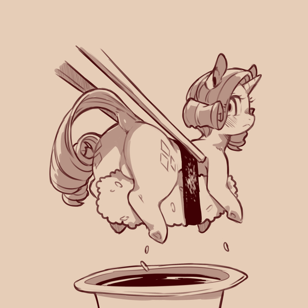 Size: 1200x1200 | Tagged: safe, artist:cold-blooded-twilight, derpibooru import, blushing, chopsticks, dock, featureless crotch, female, food, foodplay, image, jpeg, looking back, micro, monochrome, raised tail, sauce, sketch, solo, solo female, sushi, tail