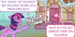 Size: 380x186 | Tagged: safe, artist:dilarus, edit, twilight sparkle, twilight sparkle (alicorn), alicorn, pony, comic:royal tease, cropped, dialogue, door, door slam, female, floppy ears, horn, image, implied pinkie pie, kicked out, mare, png, speech bubble, sugarcube corner, sweat, text, wings