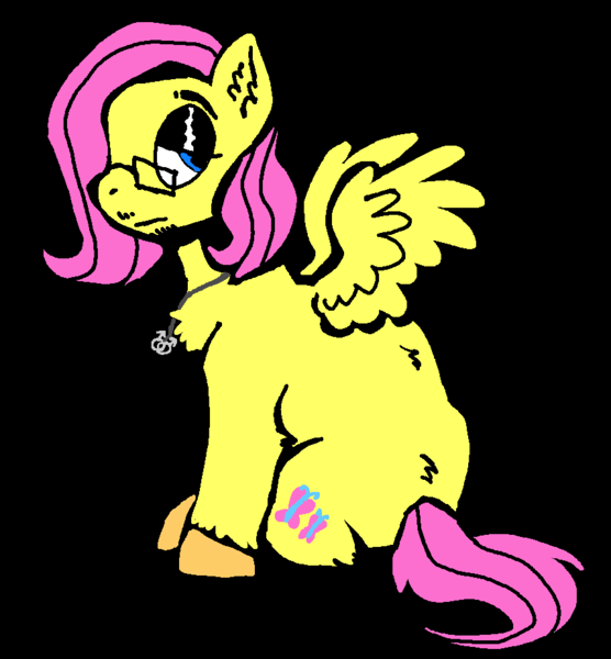 Size: 856x923 | Tagged: safe, artist:froutsuip, derpibooru import, fluttershy, pegasus, pony, black background, eyeshadow, facial hair, glasses, goatee, image, jewelry, makeup, necklace, png, simple background, sitting, solo