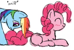 Size: 343x233 | Tagged: safe, artist:kristelpokemonfan, derpibooru import, edit, pinkie pie, rainbow dash, earth pony, pegasus, pony, blushing, cropped, eyes closed, female, image, lying down, mare, multicolored hair, png, prone, rainbow hair, simple background, smelling, smiling, sniffing, white background