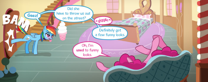 Size: 720x284 | Tagged: safe, artist:syoee b, derpibooru import, edit, pinkie pie, rainbow dash, earth pony, pegasus, pony, comic:pinkie's dingdong, bed, bedroom, blushing, comic, couch, cropped, dialogue, door, door slam, female, image, kicking, lying down, mare, multicolored hair, on back, png, rainbow hair, speech bubble, sugarcube corner, text, unamused, wings