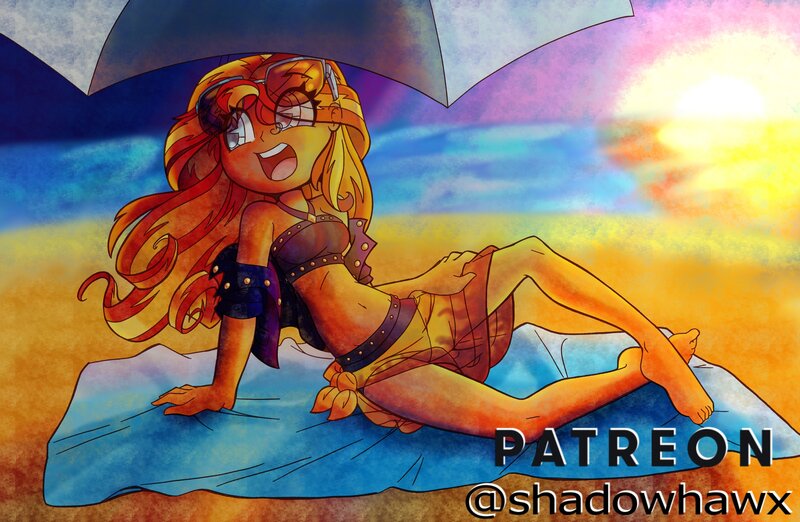 Size: 3122x2039 | Tagged: safe, artist:shadowhawx, derpibooru import, sunset shimmer, equestria girls, barefoot, beach, beach towel, belly button, bikini, clothes, feet, happy, image, jpeg, midriff, open mouth, parasol (umbrella), sarong, see-through, smiling, solo, sunglasses on head, sunset, sunset shimmer's beach shorts swimsuit, sunset shimmer's jacket, swimsuit, towel