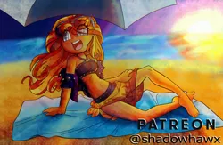 Size: 3122x2039 | Tagged: safe, artist:shadowhawx, derpibooru import, sunset shimmer, equestria girls, barefoot, beach, beach towel, belly button, bikini, clothes, feet, happy, image, jpeg, midriff, open mouth, parasol (umbrella), sarong, see-through, smiling, solo, sunset, sunset shimmer's beach shorts swimsuit, swimsuit, towel