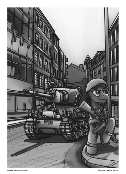 Size: 1393x1920 | Tagged: safe, artist:buckweiser, derpibooru import, pony, city, clothes, germany, gun, hamburg, image, m4 sherman, male, monochrome, png, signature, soldier, stallion, street, submachinegun, tank (vehicle), tommy gun, uniform, us army, v-e day, weapon, world war ii