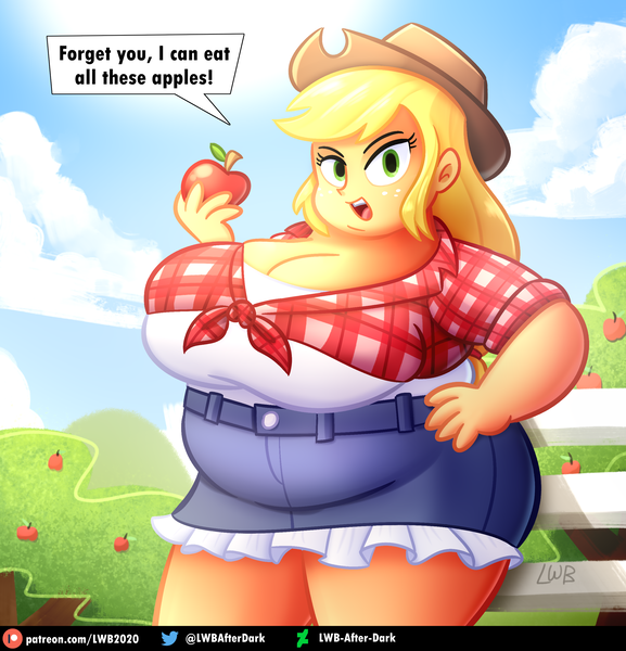 Size: 2500x2600 | Tagged: suggestive, artist:lwb-after-dark, derpibooru import, applejack, equestria girls, apple, apple tree, applefat, bbw, big breasts, breasts, cleavage, fat, fat boobs, female, food, high res, image, obese, png, solo, speech bubble, tree