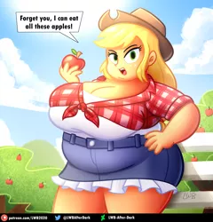 Size: 2500x2600 | Tagged: suggestive, artist:lwb-after-dark, derpibooru import, applejack, equestria girls, apple, apple tree, applefat, bbw, big breasts, breasts, cleavage, fat, fat boobs, female, food, high res, image, obese, png, solo, speech bubble, tree