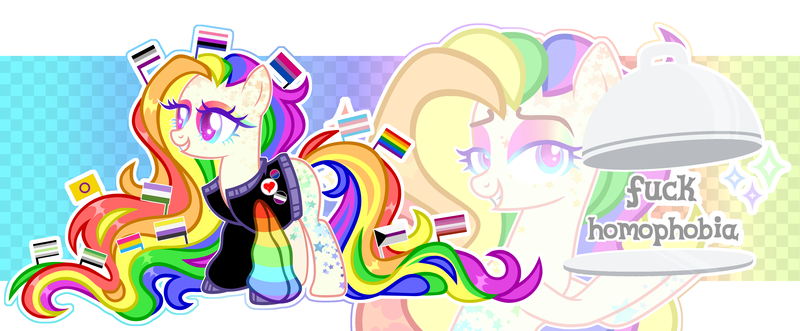 Size: 4348x1800 | Tagged: safe, artist:aurorakaufmann, derpibooru import, oc, oc:rebel pride, unofficial characters only, earth pony, pony, asexual pride flag, bisexual pride flag, clothes, eyeshadow, female, genderfluid pride flag, grin, image, intersex pride flag, jacket, lesbian pride flag, makeup, mare, markings, multicolored hair, nonbinary pride flag, pansexual pride flag, png, pride, pride flag, pride month, rainbow hair, smiling, solo, transgender pride flag, tray, vulgar