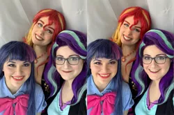 Size: 2289x1522 | Tagged: safe, artist:maddymoiselle, artist:sarahndipity cosplay, artist:shelbeanie, derpibooru import, starlight glimmer, sunset shimmer, twilight sparkle, human, equestria girls, clothes, cosplay, costume, everfree northwest, everfree northwest 2019, glasses, image, irl, irl human, jpeg, magical trio, photo