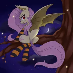 Size: 1000x1000 | Tagged: safe, artist:sphexvirart, derpibooru import, fluttershy, bat pony, firefly (insect), insect, pony, ambiguous anatomy, bat ponified, clothes, crescent moon, fangs, female, flutterbat, image, jpeg, looking at you, looking back, looking back at you, mare, moon, night, race swap, socks, solo, spread wings, striped socks, wings
