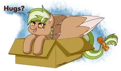 Size: 1153x676 | Tagged: safe, artist:thebenalpha, derpibooru import, oc, oc:sylvia evergreen, unofficial characters only, pegasus, pony, box, braided pigtails, hair tie, heart, heart eyes, hugs?, image, pegasus oc, png, pony in a box, simple background, solo, text, transparent background, wingding eyes, wings