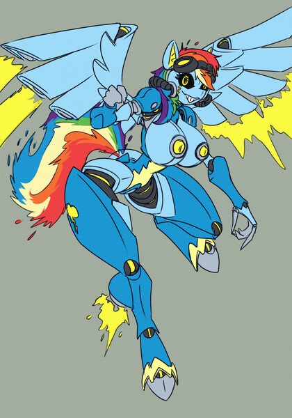 Size: 896x1280 | Tagged: questionable, artist:imric1251, derpibooru import, rainbow dash, anthro, pegasus, robot, unguligrade anthro, aviator goggles, breasts, flight, goggles, image, jpeg, nipples, nudity, solo, spread wings, thighs, wings