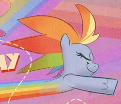 Size: 418x359 | Tagged: safe, derpibooru import, edit, edited screencap, screencap, rainbow dash, pegasus, pony, my little pony: pony life, the fluttershy effect, spoiler:pony life s01e08, cropped, eyes closed, female, flying, image, mare, multicolored hair, png, rainbow hair, rainbow trail, smiling, text