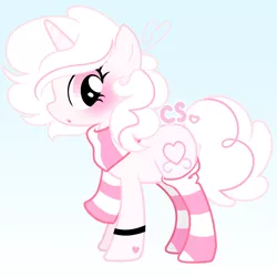 Size: 1547x1547 | Tagged: safe, artist:computershits, derpibooru import, oc, oc:pom, unofficial characters only, pony, unicorn, :o, ahoge, alternate design, blushing, bracelet, clothes, eyelashes, female, fluffy mane, gradient background, hoof heart, image, jewelry, lightly watermarked, looking back, open mouth, pink eyes, png, ponysona, scarf, show accurate, simple background, socks, solo, striped scarf, striped socks, tail, two toned mane, watermark, white hair, white mane, winter coat