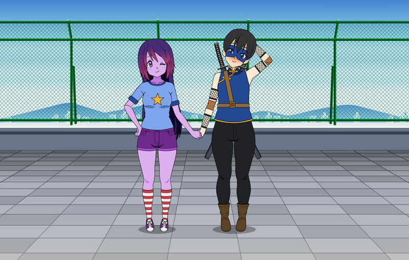 Size: 1024x651 | Tagged: safe, artist:chrisbennettsonic, derpibooru import, twilight sparkle, human, equestria girls, belt, blue topwear, clothes, denim, denim shorts, duo, happy, holding hands, humanized, image, jeans, jpeg, kisekae, logo on topwear, mask, one eye closed, pants, purple bottomwear, purple eyes, purple skin, shirt, shoes, shorts, socks, striped socks, sword, t-shirt, tomboy, two toned footwear, two toned footwear (purple & white), weapon, wink