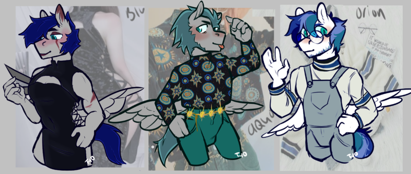 Size: 1182x503 | Tagged: safe, artist:tyotheartist1, derpibooru import, oc, oc:aquos crest, oc:blue crest, oc:orion snow, anthro, pegasus, pony, image, male, pegasus oc, png, stallion, wings