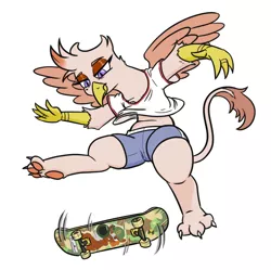 Size: 728x725 | Tagged: safe, artist:jargon scott, derpibooru import, oc, oc:whore birb, unofficial characters only, gryphon, clothes, female, griffon oc, image, kickflip, paws, png, shorts, simple background, skateboard, solo, underpaw, white background