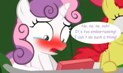 Size: 586x349 | Tagged: safe, artist:jan, derpibooru import, apple bloom, sweetie belle, earth pony, pony, unicorn, bag, blushing, bow, computer, crying, dialogue, female, filly, foal, hair bow, horn, image, laptop computer, lift, messy mane, need to pee, png, potty time, saddle bag, scared, shocked, shrunken pupils, speech bubble, sweetie blush, teary eyes, text, wide eyes