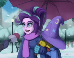 Size: 1280x1011 | Tagged: safe, artist:gabbslines, derpibooru import, starlight glimmer, trixie, human, clothes, eyelashes, female, females only, hat, image, jpeg, lesbian, microphone, scarf, shipping, special feeling, startrix, trixie's hat, umbrella, winter