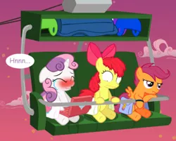 Size: 488x393 | Tagged: safe, artist:jan, derpibooru import, apple bloom, scootaloo, sweetie belle, earth pony, pegasus, pony, unicorn, ask the crusaders, vocational death cruise, accident, bag, blushing, cloud, computer, crying, cutie mark crusaders, dialogue, embarrassed, eyes closed, female, filly, floppy ears, foal, helmet, image, laptop computer, lift, messy mane, pissing, png, potty failure, saddle bag, scootaloo is not amused, shocked, sitting, sky, speech bubble, stars, sunset, sweetie blush, text, unamused, urine, wavy mouth, wetting, wide eyes
