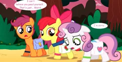 Size: 780x398 | Tagged: safe, artist:jan, derpibooru import, apple bloom, scootaloo, sweetie belle, earth pony, pegasus, pony, unicorn, apology, bag, bow, cloud, confused, cutie mark crusaders, dialogue, female, filly, floppy ears, foal, hair bow, horn, image, implied wetting, png, sad, saddle bag, speech bubble, stars, sunset, text, wings