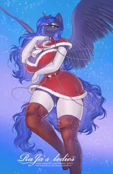 Size: 835x1280 | Tagged: safe, artist:rajas_ledies, derpibooru import, princess luna, alicorn, anthro, big breasts, boots, breasts, busty princess luna, christmas, clothes, costume, gloves, holiday, huge breasts, image, jpeg, knee-high boots, lips, long gloves, santa costume, shoes, socks, solo, spread wings, thigh highs, wasp waist, wings