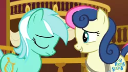 Size: 3410x1920 | Tagged: safe, derpibooru import, screencap, bon bon, lyra heartstrings, sweetie drops, earth pony, pony, unicorn, season 5, slice of life (episode), duo, eyes closed, female, high res, image, jpeg, mare, ponyville town hall, smiling, upscaled