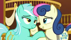 Size: 3410x1920 | Tagged: safe, derpibooru import, screencap, bon bon, lyra heartstrings, sweetie drops, earth pony, pony, unicorn, season 5, slice of life (episode), duo, female, high res, image, jpeg, looking at each other, looking at someone, mare, ponyville town hall, smiling, smiling at each other, upscaled