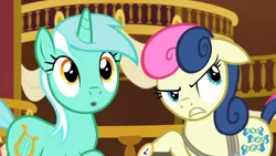 Size: 3410x1920 | Tagged: safe, derpibooru import, screencap, bon bon, lyra heartstrings, sweetie drops, earth pony, pony, unicorn, season 5, slice of life (episode), :o, duo, female, floppy ears, high res, image, jpeg, mare, open mouth, ponyville town hall, secret agent sweetie drops, upscaled