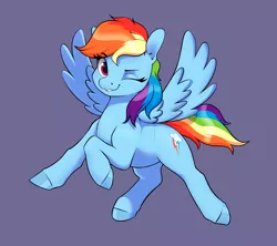 Size: 3600x3200 | Tagged: safe, artist:aquaticvibes, derpibooru import, rainbow dash, pegasus, pony, female, full body, high res, hoofy-kicks, image, mare, one eye closed, png, purple background, simple background, solo, spread wings, wings, wink