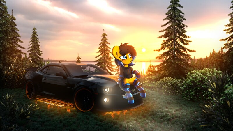 Size: 4096x2305 | Tagged: safe, artist:perezadotarts, derpibooru import, oc, oc:deathy dash, unofficial characters only, pegasus, pony, amputee, artificial wings, augmented, background, bush, car, chevrolet camaro, clothes, cloud, cloudy, cutie mark, female, forest, image, jacket, jpeg, mare, pegasus oc, plants, prosthetic limb, prosthetic wing, prosthetics, scar, sitting, sky, socks, solo, text, tree, vehicle, wheel, wings